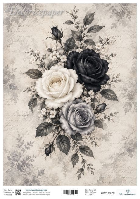 Decoricepaper decorative paper sheet featuring a vintage floral design with two large roses in black and white, one gray rose, and dark leaves on a distressed beige background.