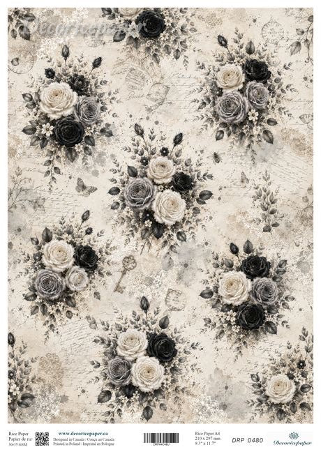 A sheet of decorative paper with a vintage floral pattern in black, gray, and off-white on a warm beige background. The design features clusters of roses, leaves, and distressed script text.