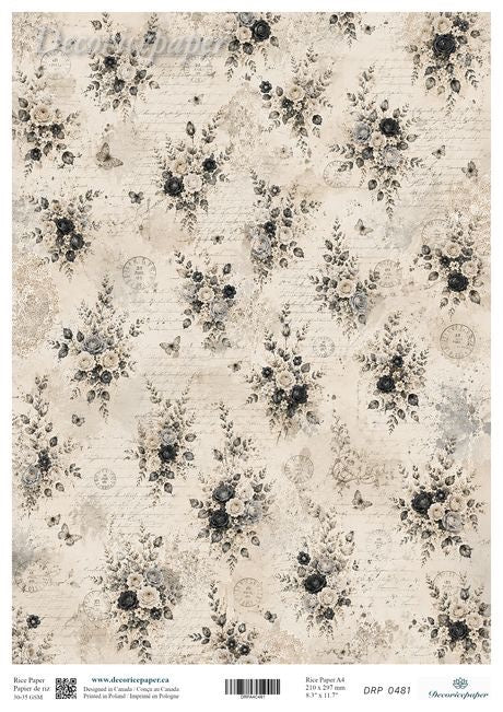 A sheet of decorative rice paper featuring a vintage floral pattern in black and gray over a warm beige background with faint script text.