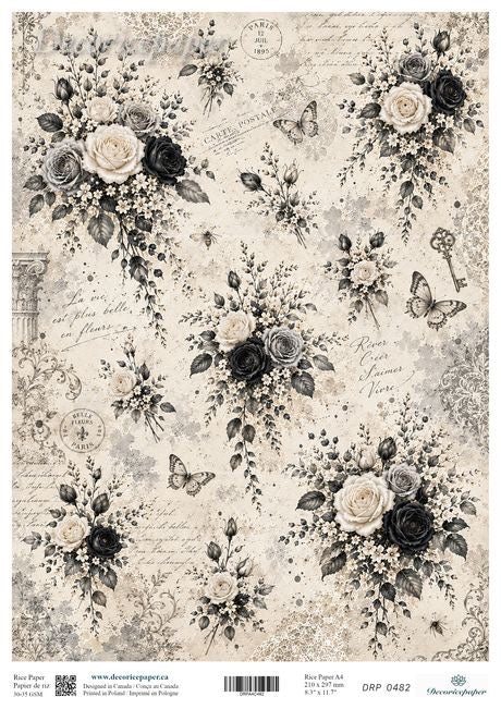 A sheet of decorative rice paper featuring a vintage floral pattern with black and white roses, butterflies, script handwriting, and antique-style stamps on a warm cream background. 