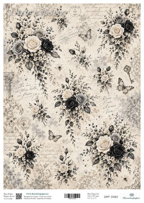 A sheet of decorative rice paper featuring a vintage floral pattern with black and white roses, butterflies, script handwriting, and antique-style stamps on a warm cream background. 