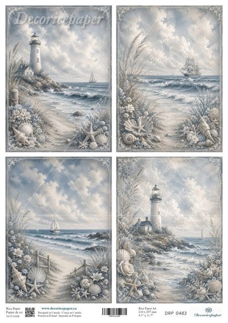 A sheet of four lighthouse and coastal seascape designs printed on decorative paper, shown flat against a white background. The artwork features blue-gray ocean waves, cloudy sky, sandy beach, seashells, and lighthouses.