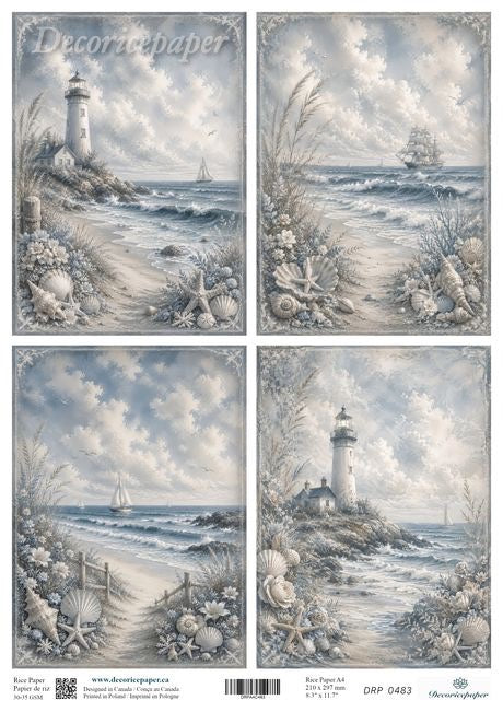 A sheet of four lighthouse and coastal seascape designs printed on decorative paper, shown flat against a white background. The artwork features blue-gray ocean waves, cloudy sky, sandy beach, seashells, and lighthouses.