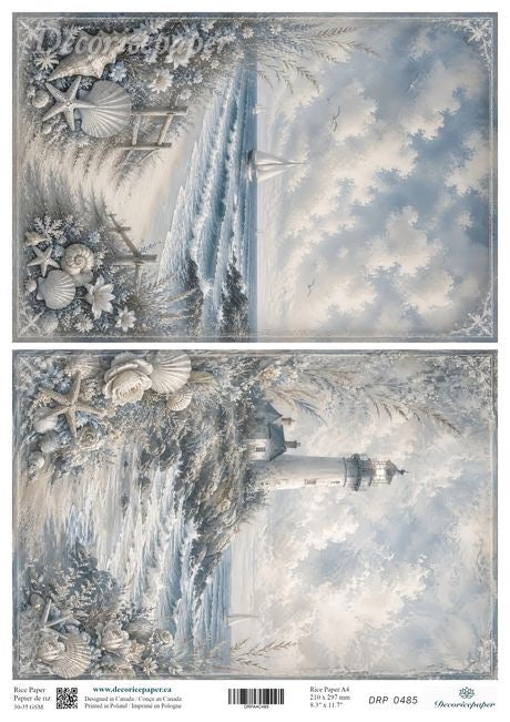 A double-sided paper art sheet featuring a winter lighthouse scene with snow-covered rocks, seashells, and a lighthouse under a cloudy sky. 