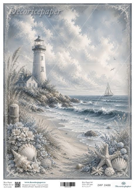 Decoricepaper decoupage paper featuring a coastal lighthouse scene with snowy beach, dune flowers, seashells, ocean waves, and a sailboat under a cloudy sky.