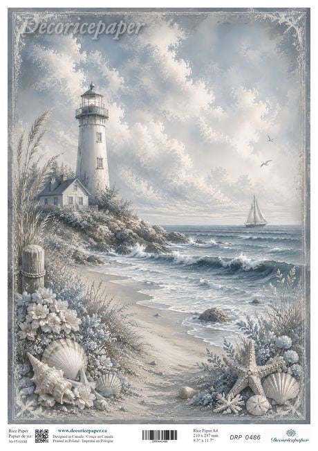 Decoricepaper decoupage paper featuring a coastal lighthouse scene with snowy beach, dune flowers, seashells, ocean waves, and a sailboat under a cloudy sky.