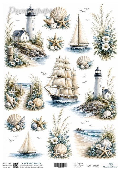 Nautical-themed paper craft sheet featuring illustrations of lighthouses, sailboats, seashells, starfish, beach scenes, and floral arrangements on a white background.