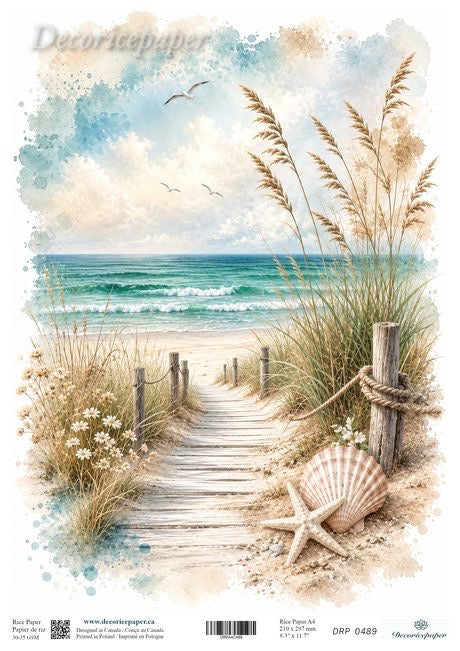 Beach scene decoupage paper featuring a wooden boardwalk leading to the ocean, with dune grass, a seashell, a starfish, and a cloudy sky.