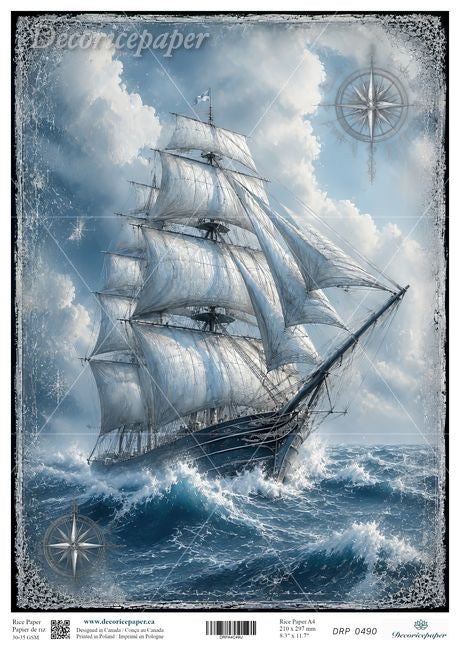 A detailed illustration of a historic sailing ship navigating rough, white-capped blue waves under a cloudy sky, with a distressed border and decorative compass.