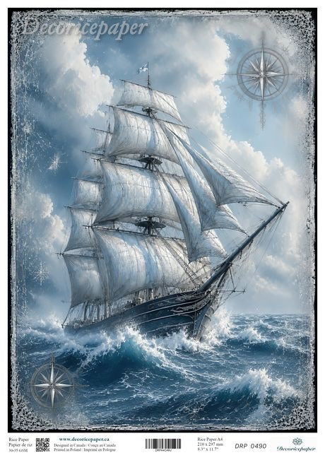 A detailed illustration of a historic sailing ship navigating rough, white-capped blue waves under a cloudy sky, with a distressed border and decorative compass.