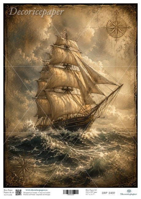 Art sheet featuring a vintage sailing ship navigating rough, choppy waves under a stormy, sepia-toned sky. 