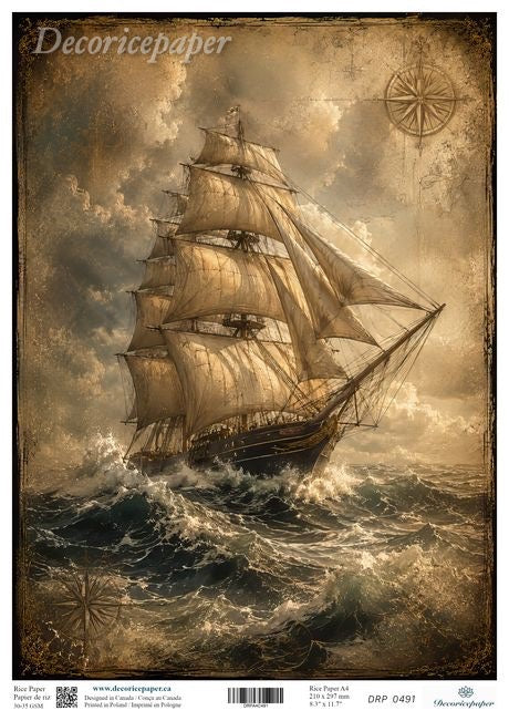 Art sheet featuring a vintage sailing ship navigating rough, choppy waves under a stormy, sepia-toned sky. 
