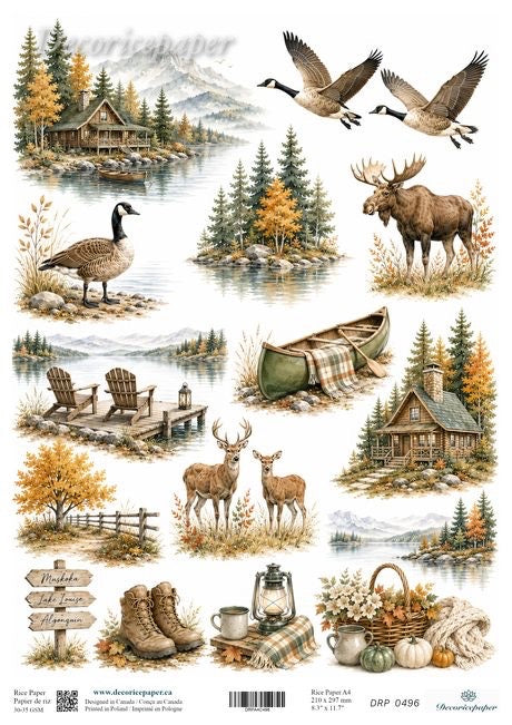 A sheet of illustrated autumn woodland scenes and objects, including canoes, cabins, geese, moose, deer, trees, mountains, and camping items, shown on a white background .