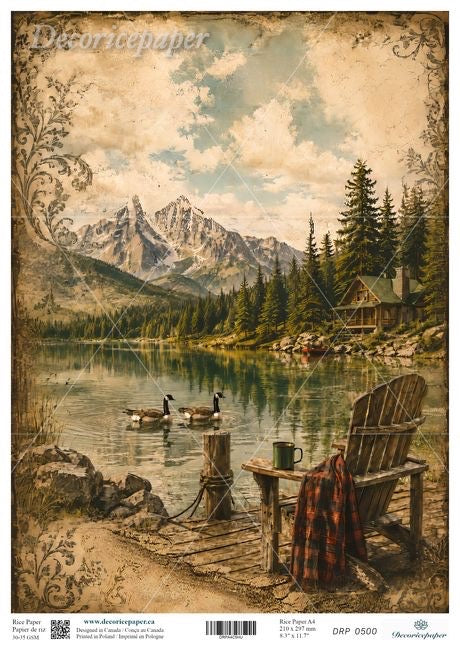 Vintage-style scenic art print featuring a mountain lake with two geese, a wooden cabin, evergreen trees, and a rustic Adirondack chair with a plaid blanket in the foreground. The print has aged paper borders and decorative corner flourishes.