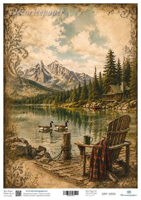 Vintage-style scenic art print featuring a mountain lake with two geese, a wooden cabin, evergreen trees, and a rustic Adirondack chair with a plaid blanket in the foreground. The print has aged paper borders and decorative corner flourishes.