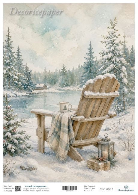 Craft sheet featuring a winter landscape illustration with a wooden Adirondack chair in the snow beside a calm lake, surrounded by snow-covered pine trees. 