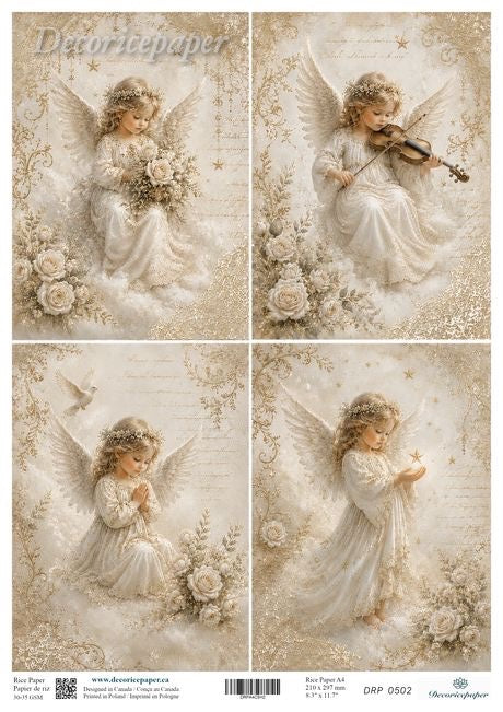 Paper sheet featuring four vintage-style angel illustrations in cream and beige tones, each shown with flowers, wings, and soft script text. 