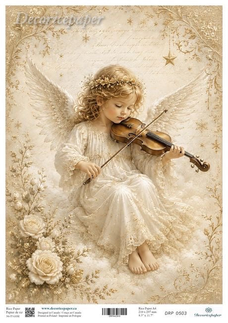 Decorapaper decorative paper sheet featuring a vintage-style illustration of a young angel with wings, playing a violin and dressed in a flowing white gown, surrounded by cream roses and gold stars on a textured beige background.