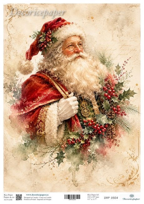 Vintage-style Santa Claus paper art print featuring a watercolor illustration of Santa in a red suit and hat with a white beard, surrounded by holly, berries, and pine branches on an aged beige background.