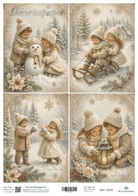 A decorative paper sheet featuring four vintage-style winter holiday illustrations of children in cream-coloured clothing, snow, trees, a sleigh, flowers, and a lantern. 