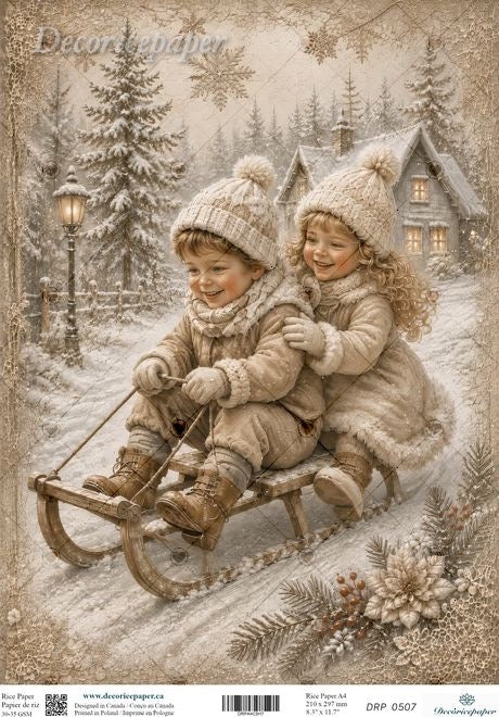 Vintage-style winter illustration showing two children in cream winter clothes and knit hats riding in a wooden sled through a snowy landscape with pine trees, a house, and a lantern.