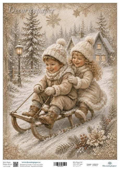 Vintage-style winter illustration showing two children in cream winter clothes and knit hats riding in a wooden sled through a snowy landscape with pine trees, a house, and a lantern.