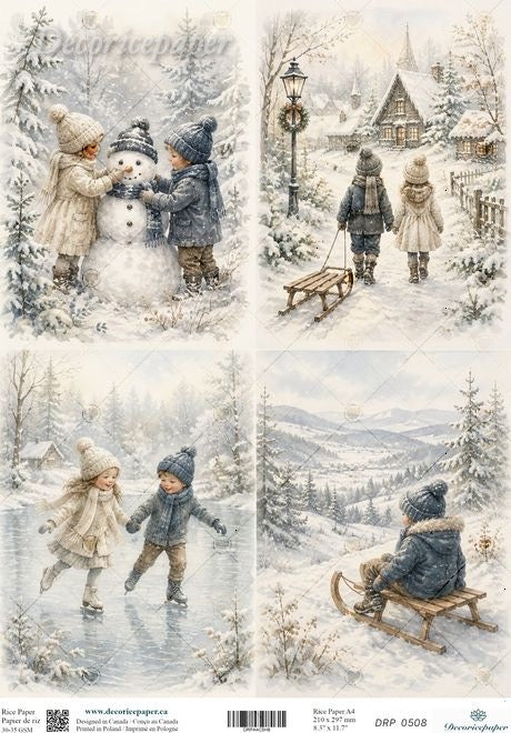 A four-panel winter scene print showing children in snowy outdoor settings: building a snowman, walking with a sled, ice skating, and sitting on a sled in a snowy landscape. The artwork has a soft vintage palette with mostly white, gray, beige, and muted blue tones.