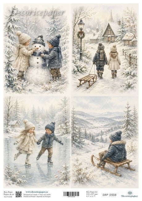 A four-panel winter scene print showing children in snowy outdoor settings: building a snowman, walking with a sled, ice skating, and sitting on a sled in a snowy landscape. The artwork has a soft vintage palette with mostly white, gray, beige, and muted blue tones.