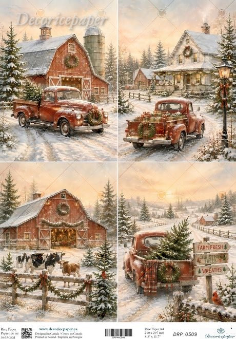 A four-panel holiday farm scene collage showing snow-covered barns, red vintage trucks carrying Christmas trees, cows, and a warmly lit farmhouse. 