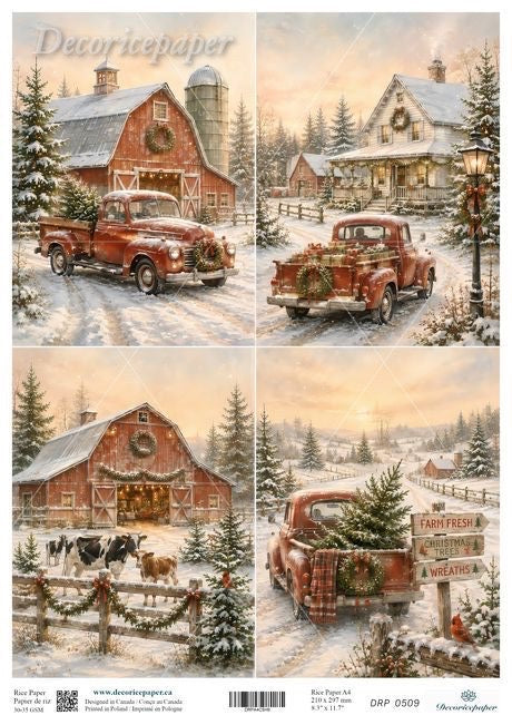 A four-panel holiday farm scene collage showing snow-covered barns, red vintage trucks carrying Christmas trees, cows, and a warmly lit farmhouse. 