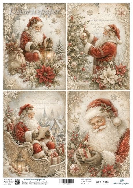 A 4-panel Christmas-themed paper collage featuring Santa Claus in red and white winter clothing, surrounded by snowflakes, poinsettias, ornaments, gifts, and festive decorations. 