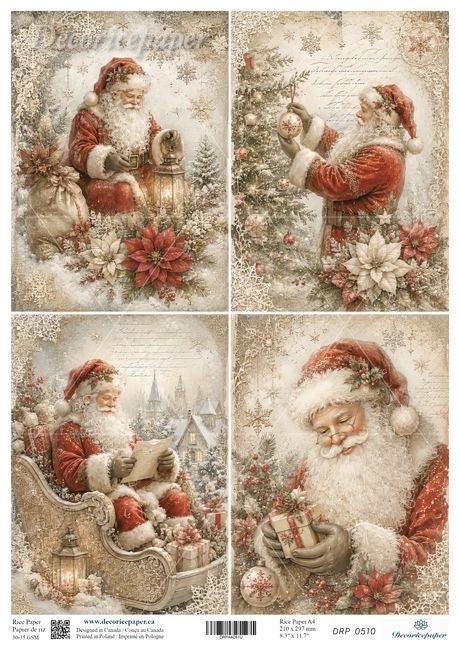 A 4-panel Christmas-themed paper collage featuring Santa Claus in red and white winter clothing, surrounded by snowflakes, poinsettias, ornaments, gifts, and festive decorations. 