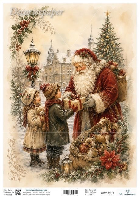 Vintage-style Christmas paper craft design featuring Santa Claus giving a gift to two children in a snowy village scene, with a decorated tree, lamp post, and holiday flowers. 