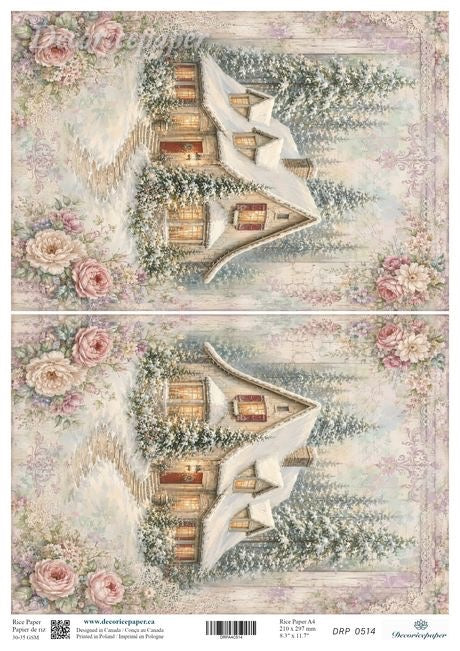 A double-sided craft paper sheet featuring a vintage-style winter scene with a snow-covered cottage, pink roses, and a soft pastel border. 