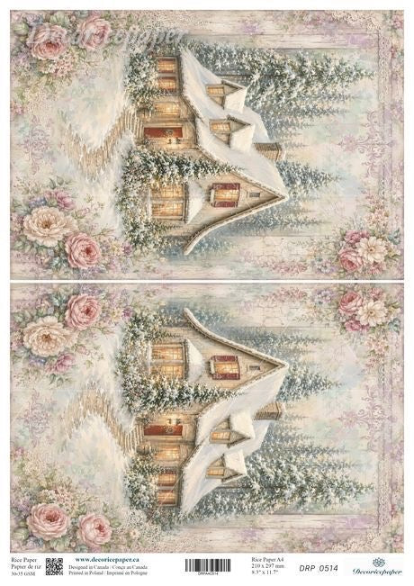A double-sided craft paper sheet featuring a vintage-style winter scene with a snow-covered cottage, pink roses, and a soft pastel border. 