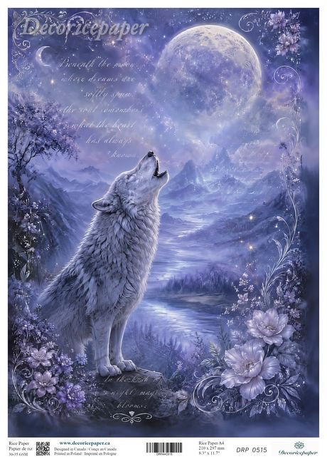 Art print featuring a white wolf howling up at a large full moon over a purple-toned mountain landscape with flowers and script text.