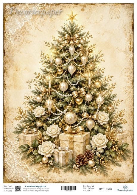 A vintage-style Christmas tree illustration or print featuring a decorated tree with gold ornaments, white roses, pinecones, wrapped gifts, and a star topper on an aged beige background.