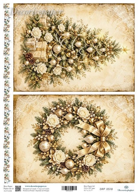 A vintage-style Christmas paper art design sheet showing two decorative holiday arrangements: a floral wreath with gold ornaments and ribbon at the bottom, and a floral cluster with wrapped gifts at the top. 