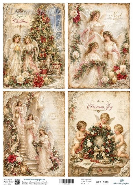 A sheet of decorative paper featuring four vintage Christmas illustrations with angels, children, a decorated tree, roses, and festive text.