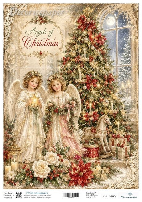 Vintage-style Christmas art print or card featuring two angel children beside a decorated Christmas tree, with the title 'Angels of Christmas' at the top and a snowy window in the background.