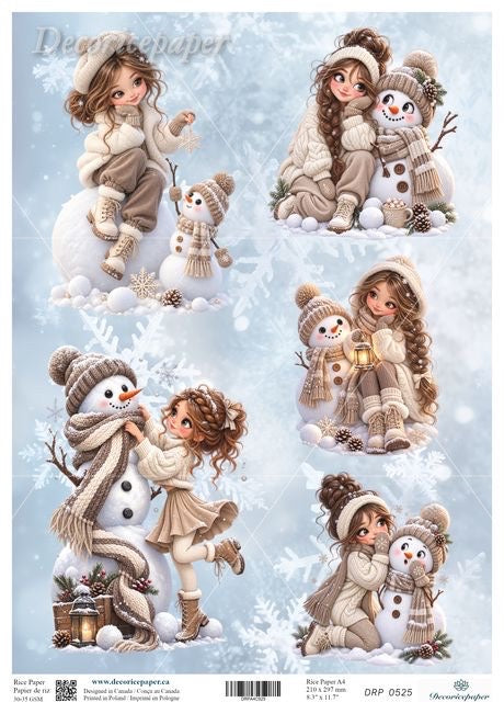 A sheet of decorative paper featuring five winter illustrations with girls in beige outfits playing with snowmen, set against a light blue snowflake background. 