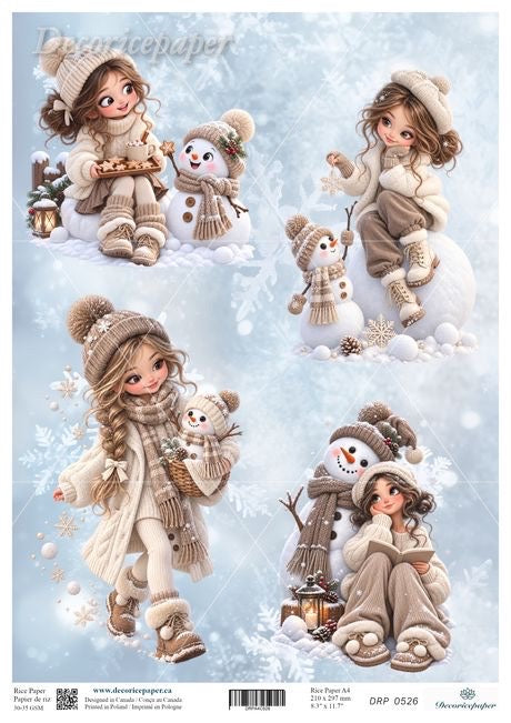 A sheet of decorative paper featuring four whimsical winter illustrations of a young girl in cream and brown clothing playing with snowman characters in a snowy scene. The sheet has a light blue and white winter background with snowflakes.