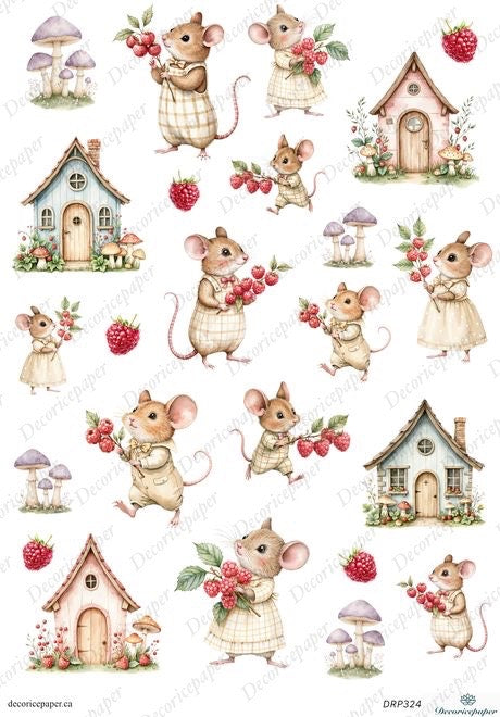 DRP324 - Cute Woodland Mice with Raspberries - Rice Paper A4