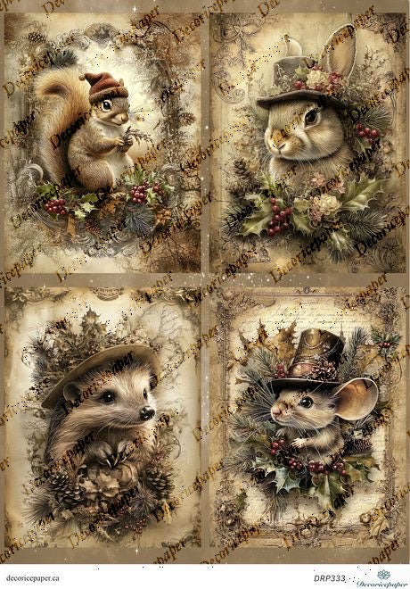 DRP333 - Winter Animals with Hats Rice Paper A4