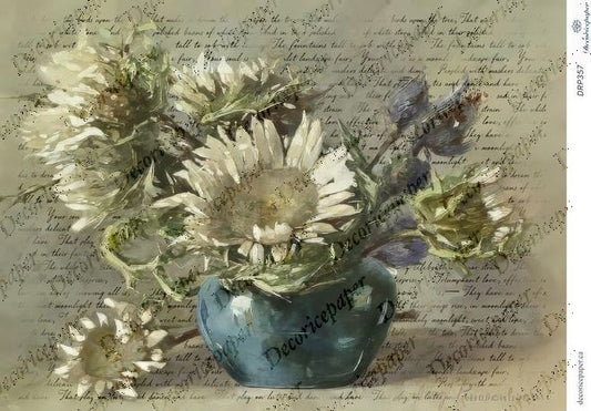 DRP357 - White Sunflowers in Blue Vase - Rice Paper A4