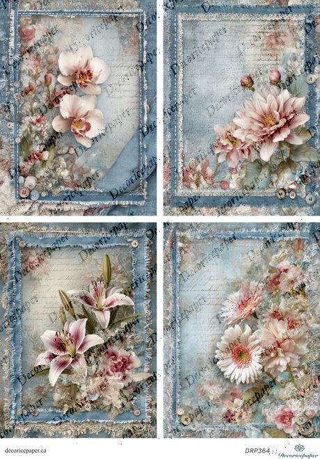DRP364 - Soft Blooms on Blue - Rice Paper A4