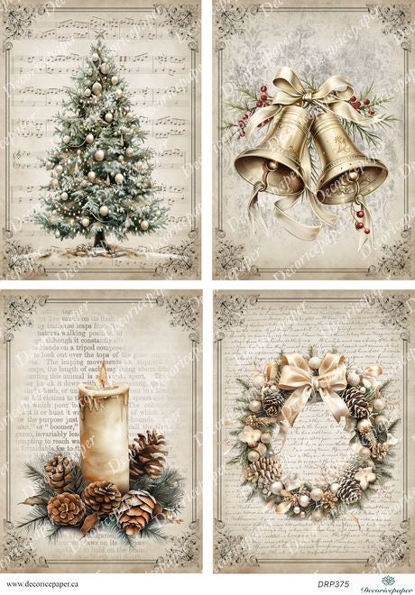 Set of four Christmas-themed images including a tree, bells, candle, and wreath on a textured background.