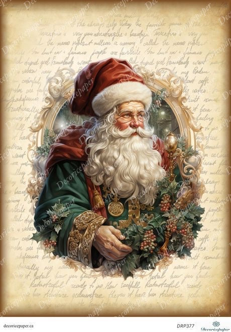 Vintage-style illustration of Santa Claus with a decorative frame on a textured background