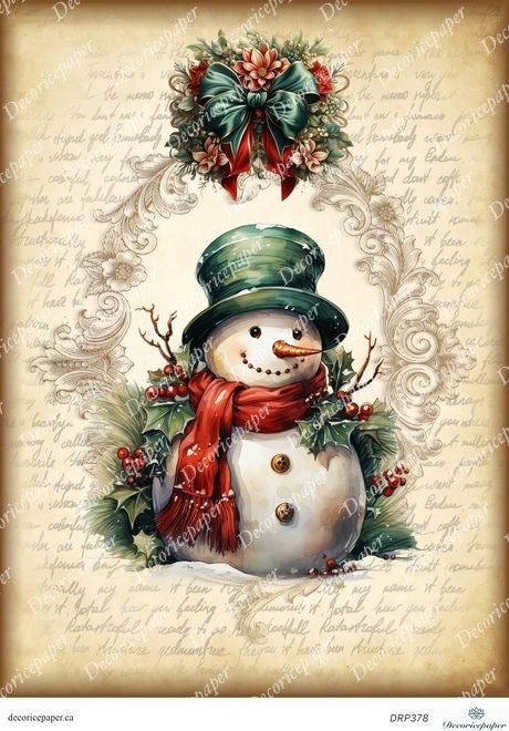 Decorative image of a snowman with a green top hat and red scarf on a vintage-style background.