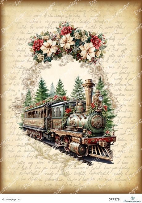 Decorative image of a vintage steam train with floral decorations on a textured background.